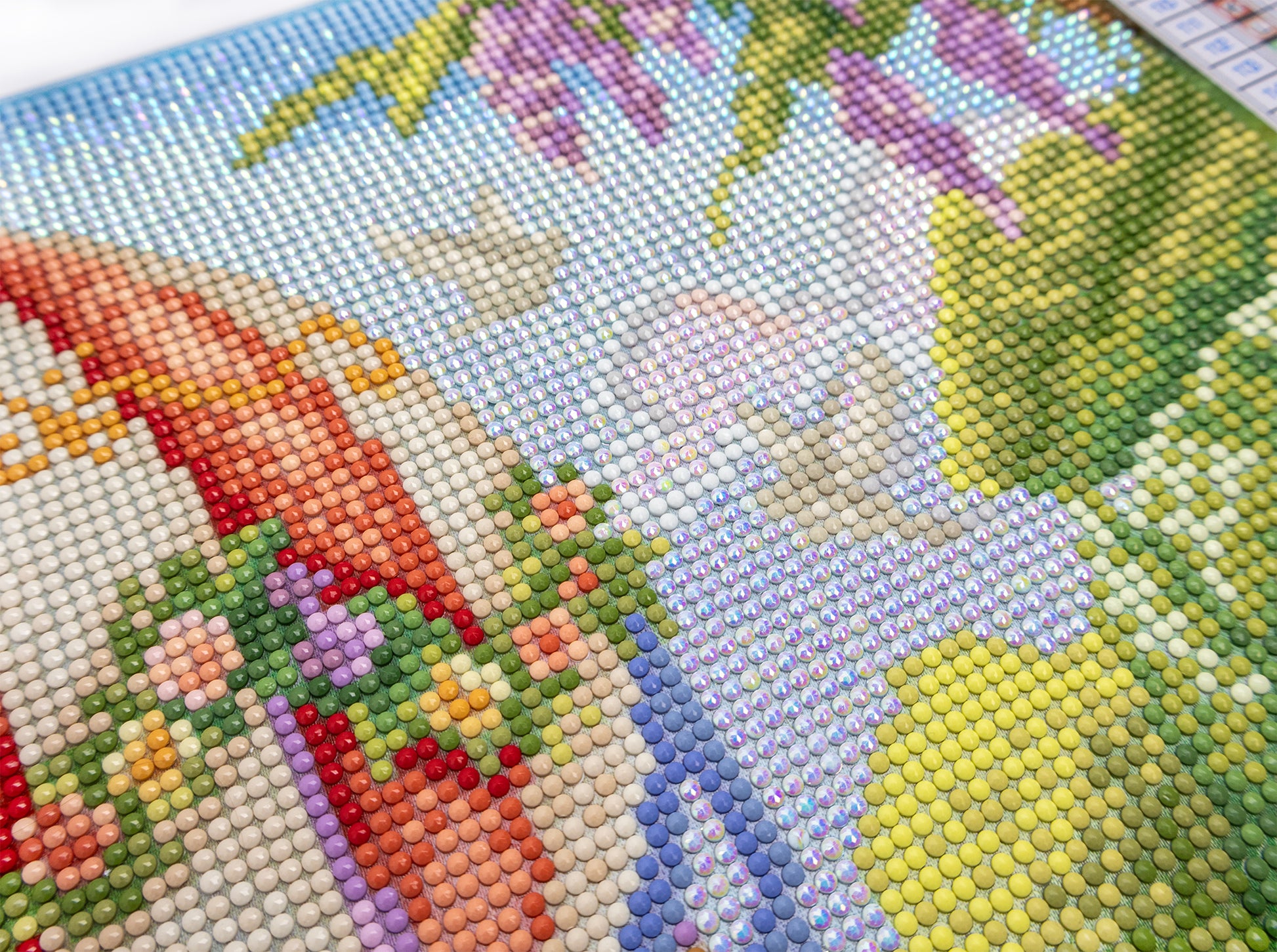 Close-up of a partially completed cross stitch with colorful patterns