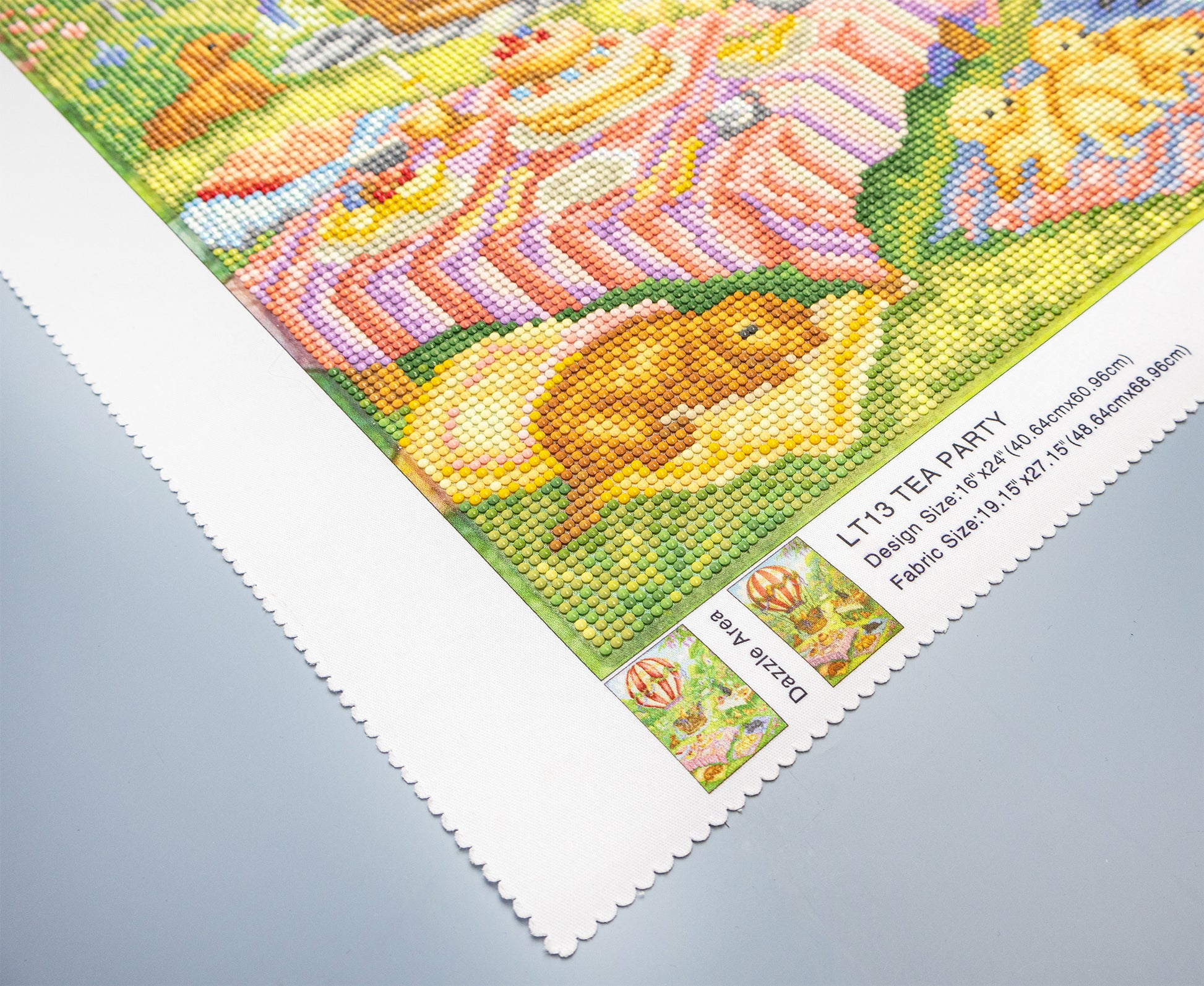 Diamond Painting kit with bunnies and text on a white background