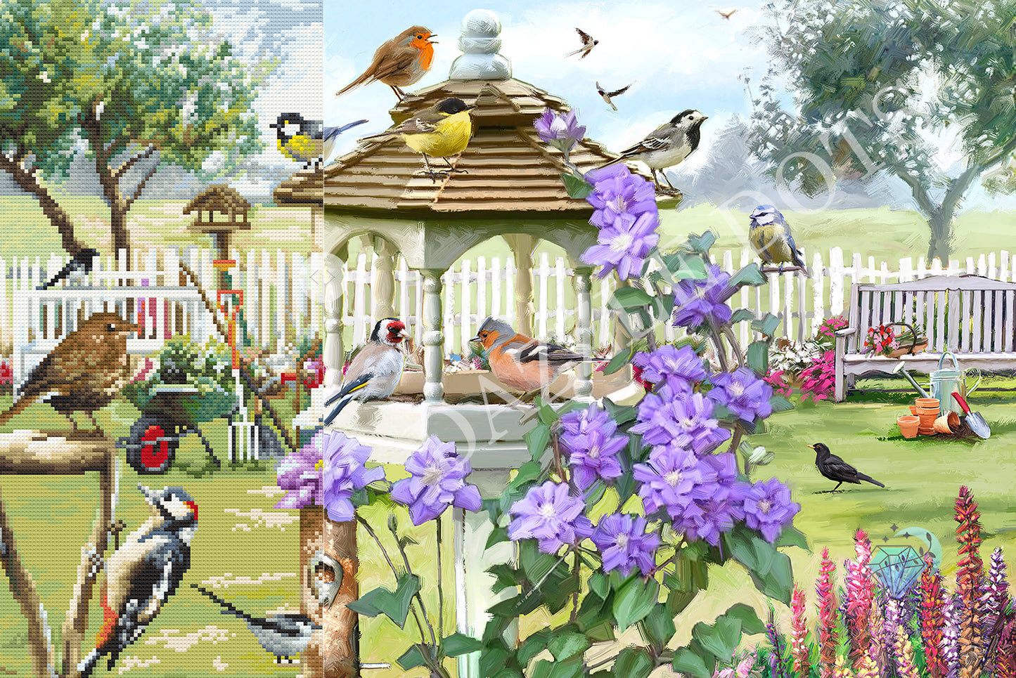 diamond art kit of Colorful illustration of a garden scene with birds and flowers