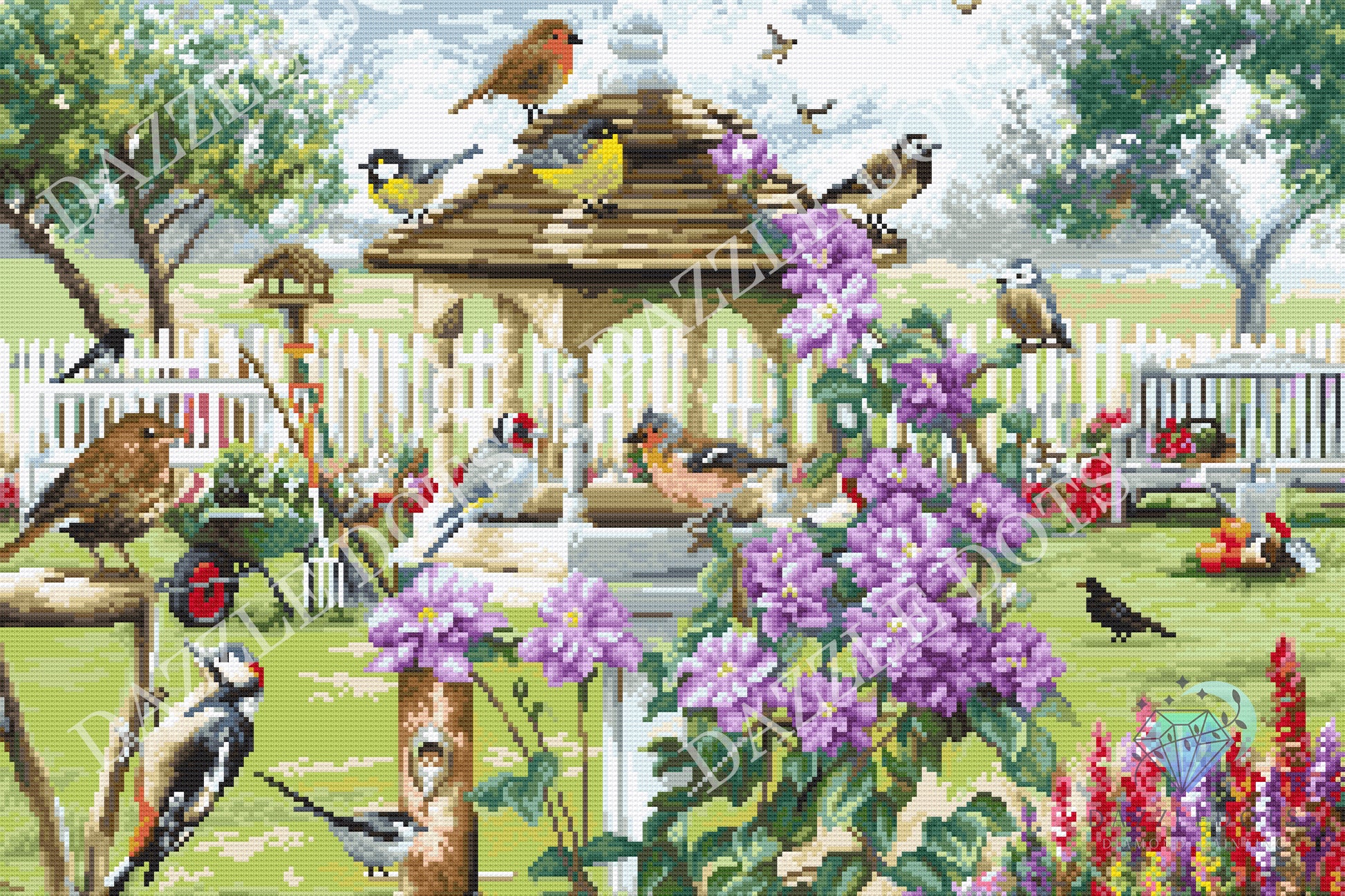 Diamond Art Club Illustration of a garden scene with birds, flowers, and a gazebo.