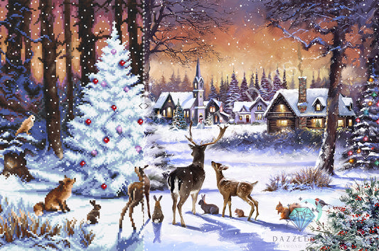 diamond painting kit Winter scene with deer, Christmas tree, and village in the snow.
