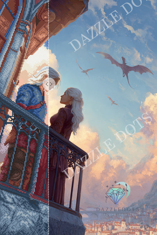 Two people on a balcony with dragons flying in the sky, featuring 'Dazzle Dots' branding. diamond painting kit