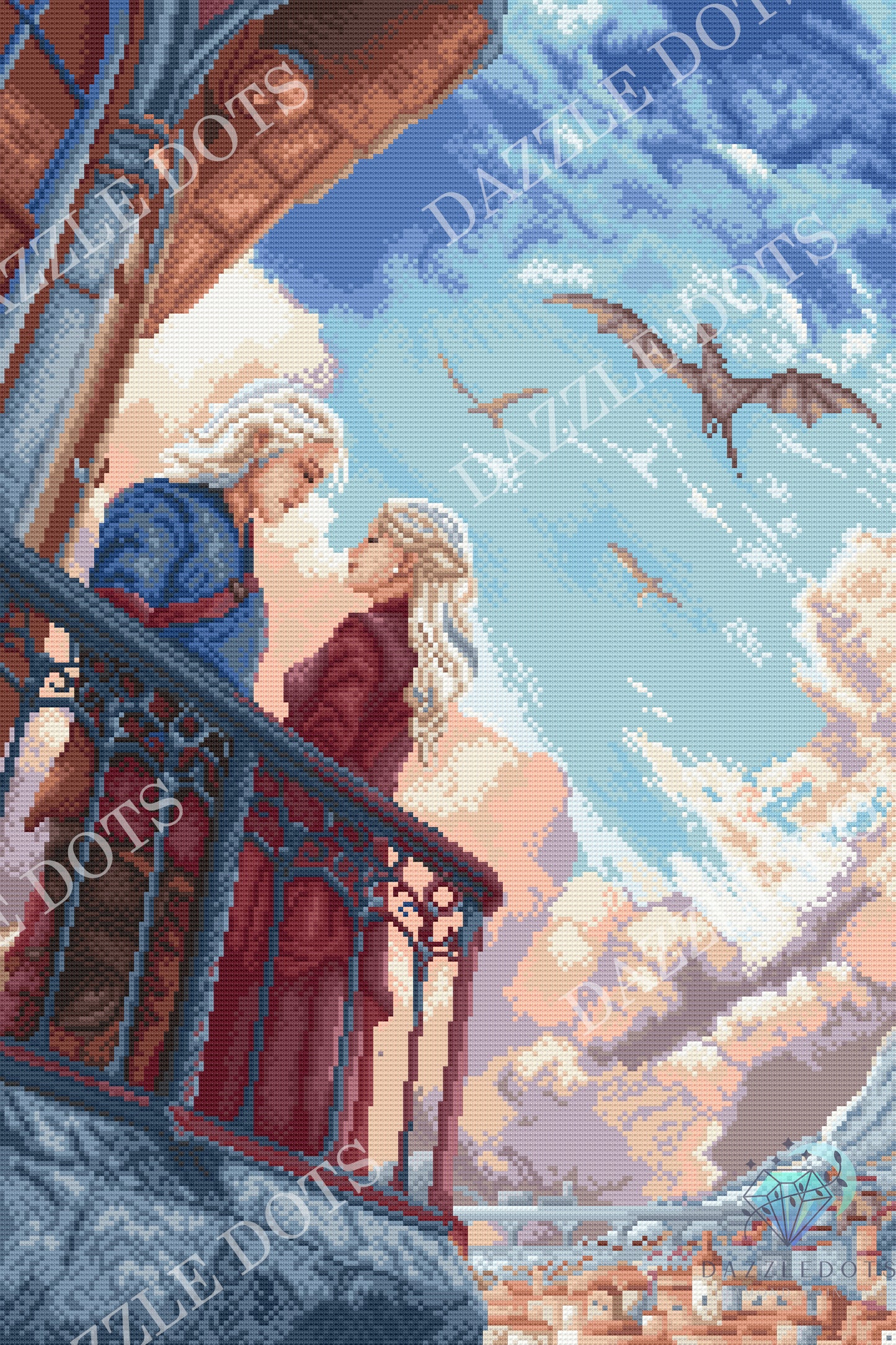 Diamond art club pattern with a couple on a balcony and a dragon, featuring the Dazzle Dots brand.