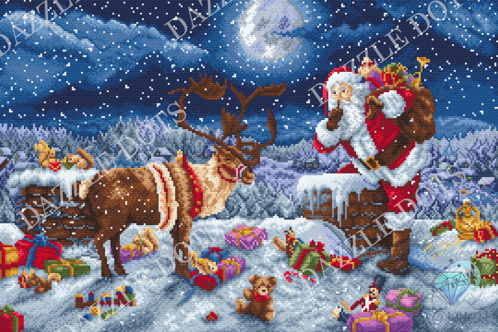 Christmas scene with Santa Claus, reindeer, and presents in a snowy landscape. Diamond Painting kit
