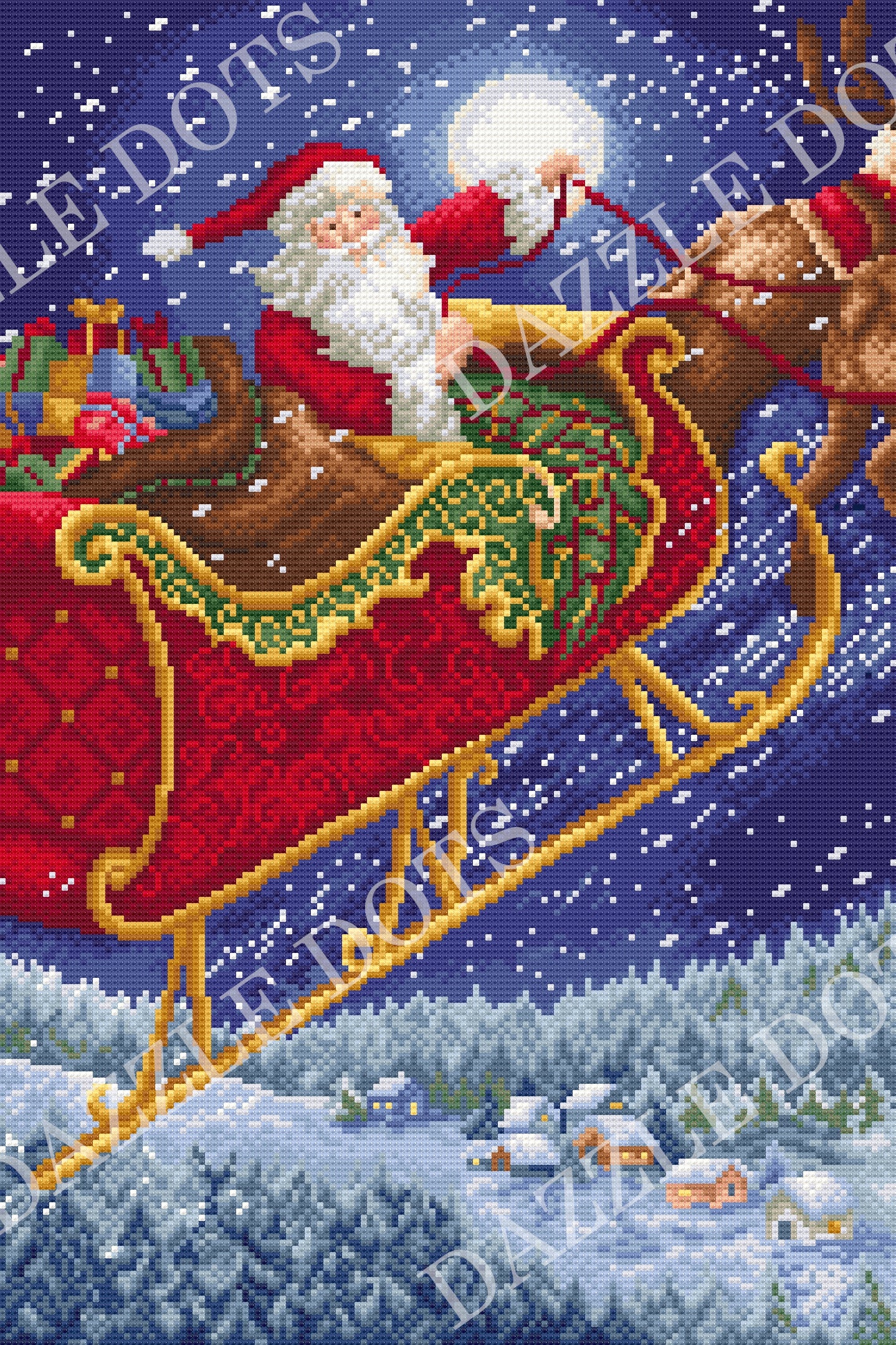 Diamond Painting of Santa Claus in a sleigh with reindeer over a snowy landscape.