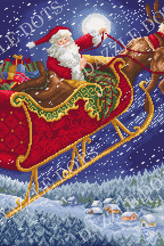 Diamond Painting of Santa Claus in a sleigh with reindeer over a snowy landscape.