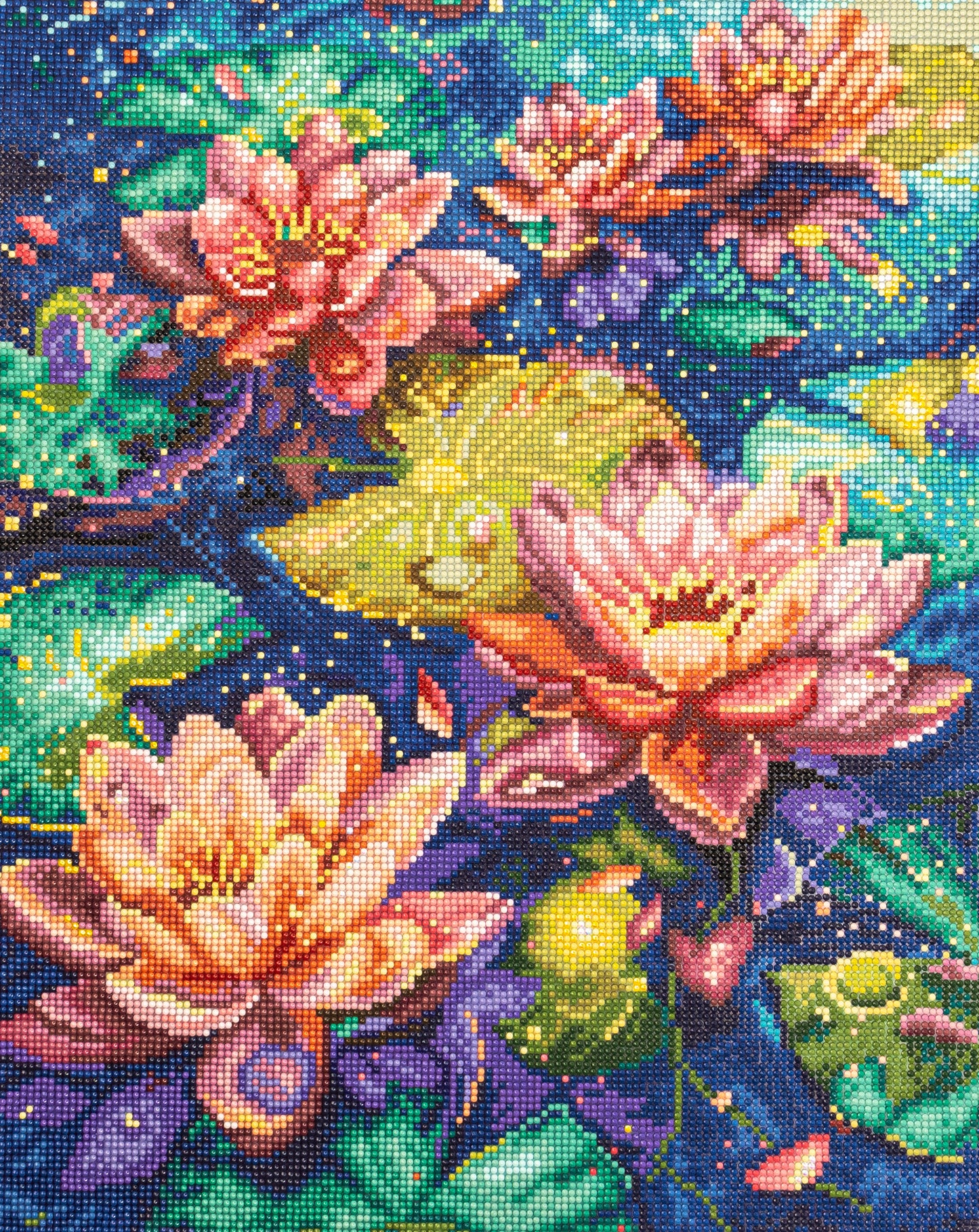 Colorful diamond painting of lotus flowers with a starry night sky background