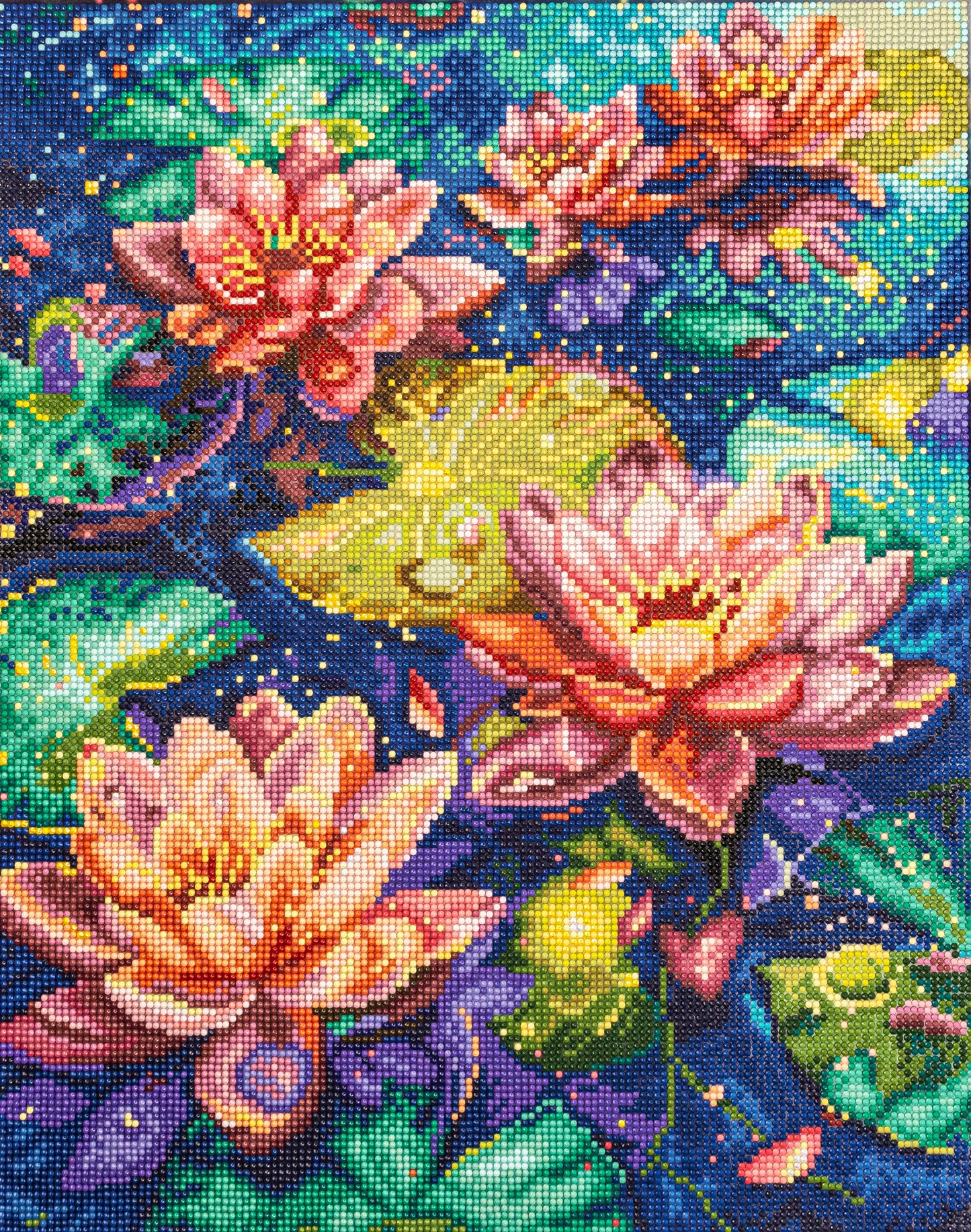 diamond art artwork of colorful water lilies with a gradient background