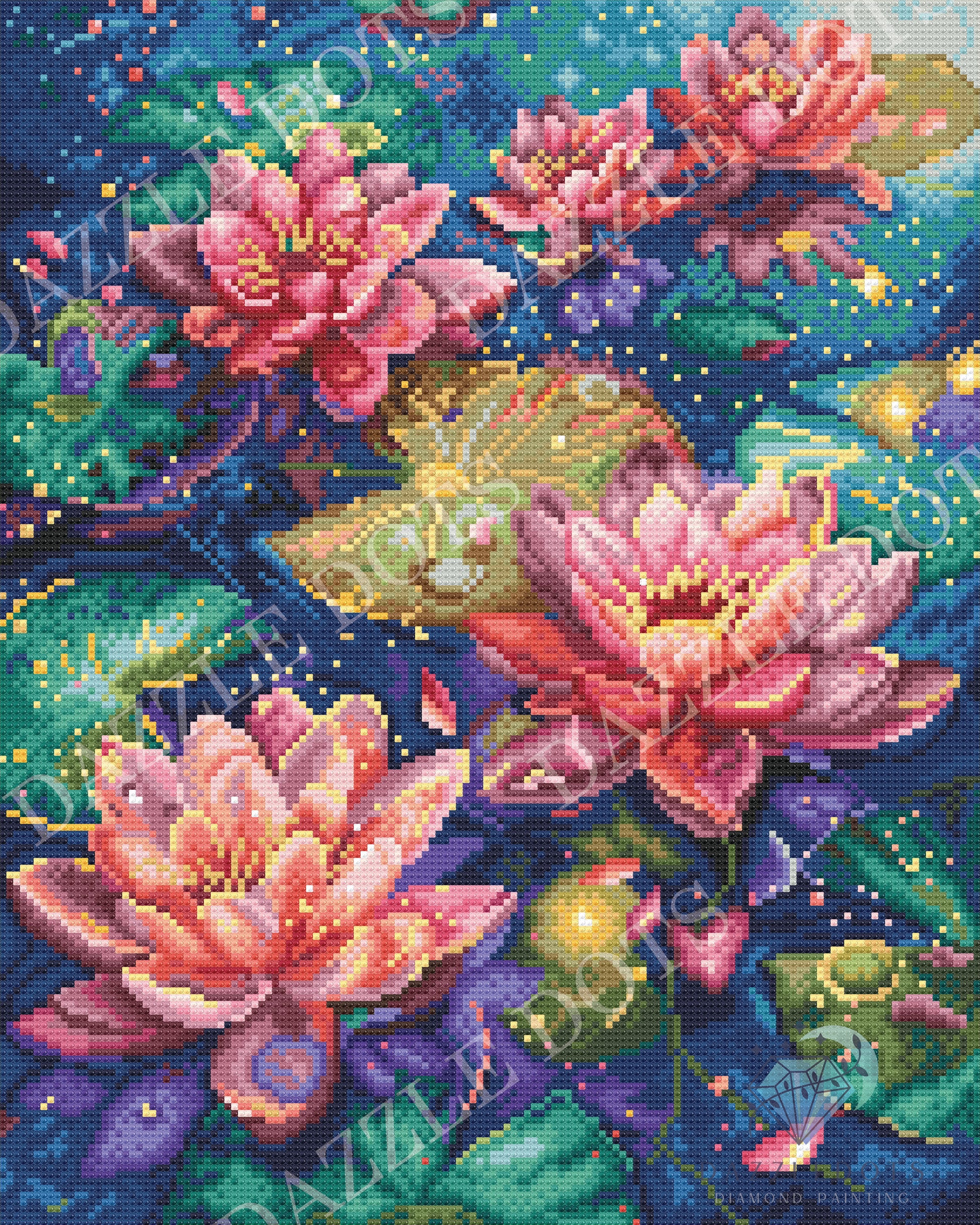 diamond art-style illustration of pink water lilies with a colorful background