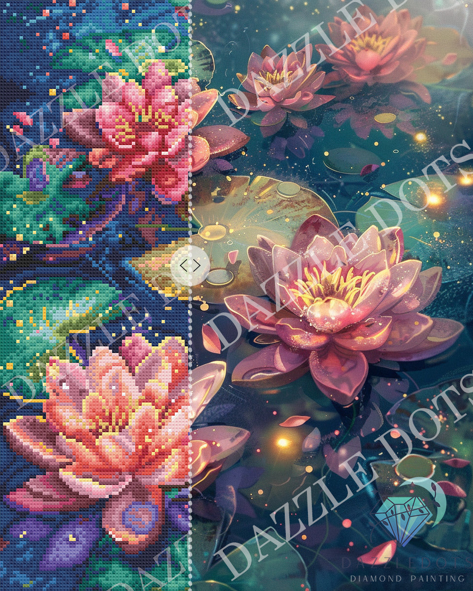 diamond painting designs featuring pink lotus flowers with a dark water background.