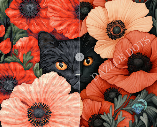 Diamond Painting kit, diamond art club kit, black cat, red poppies