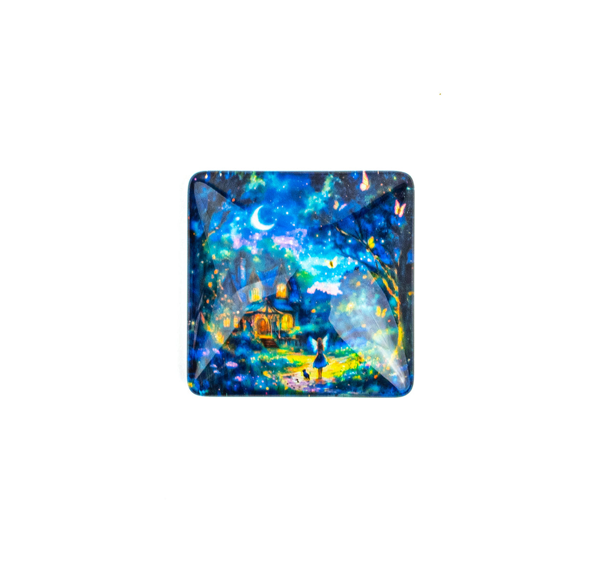 A square glass item featuring a vibrant, colorful fantasy landscape illustration with a glowing cottage, a blue horse, and a crescent moon under a starry night sky.
