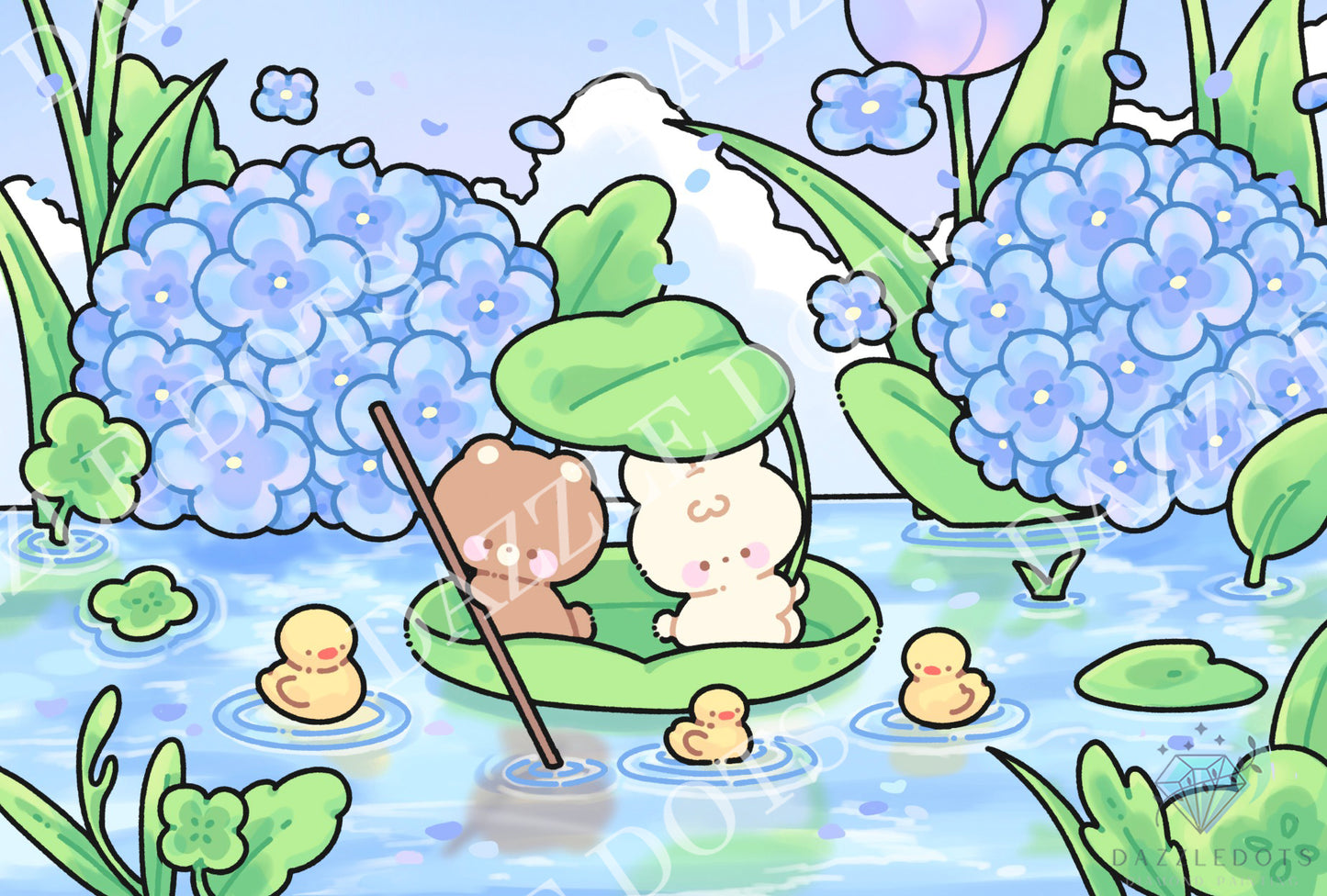 A cute cartoon illustration of a brown bear and a white bunny sitting in a green lily pad boat on a pond, surrounded by blue hydrangeas, green leaves, and small yellow ducks. The scene has a watercolor-like soft look with a repeating diagonal watermark text overlay.