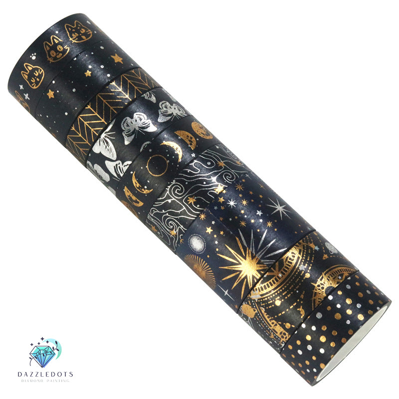 Decorative cylindrical product with celestial design on a white background