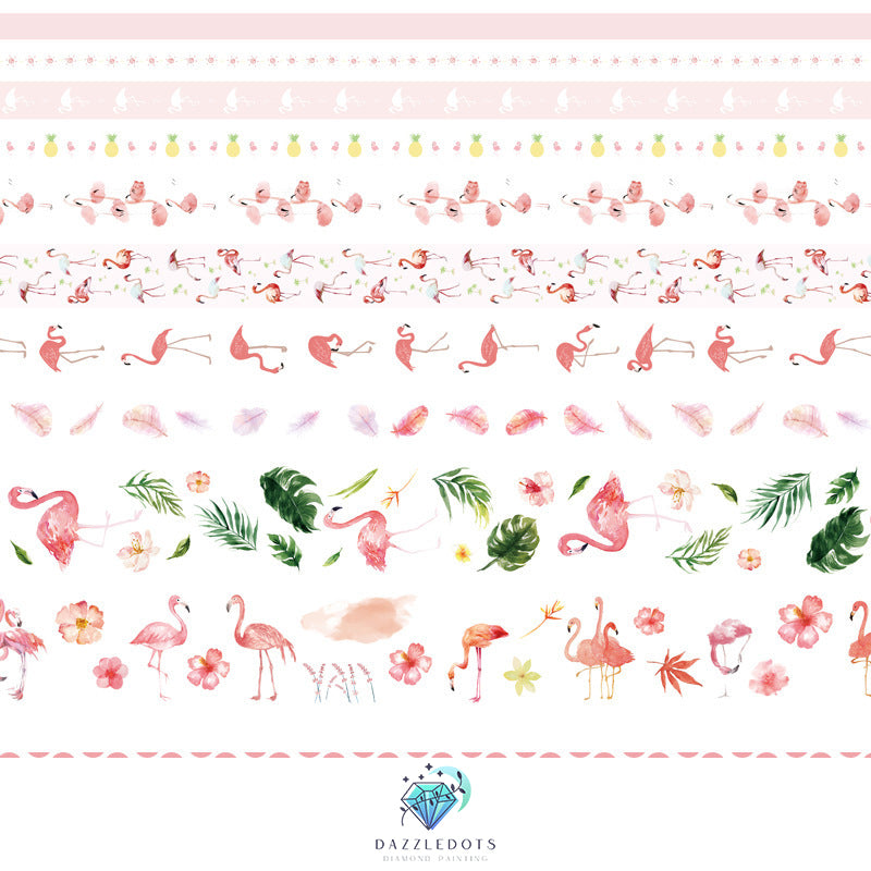 Patterned border with flamingos, flowers, and leaves on a white background with 'Dazzledolls' branding.