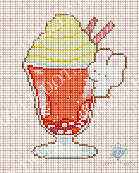 A diamond painting  style illustration of a milkshake with whipped cream and two pink straws on a pale pink background. 