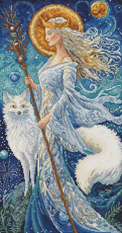 Cross-stitch pattern of a celestial figure with a wolf and a staff against a starry night sky.