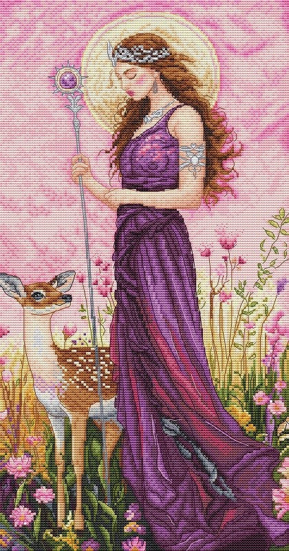 Cross-stitched design of a woman in a purple dress with a deer and flowers on a pink background