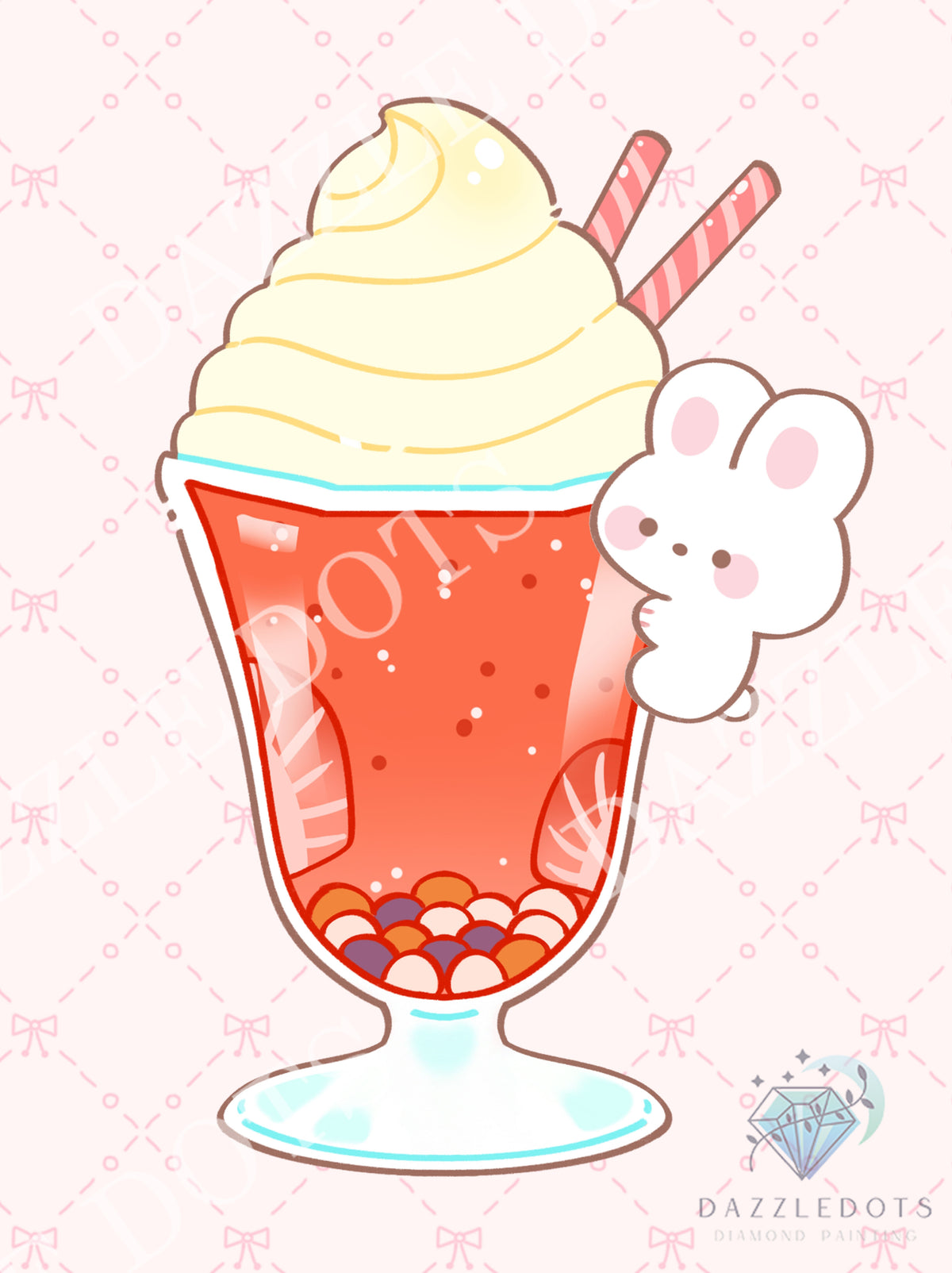 A cute cartoon illustration of a milk tea or bubble tea drink in a tall glass, topped with a large swirl of pale yellow whipped cream and two pink-and-white striped straws. A small white bunny character is attached to the side of the glass.