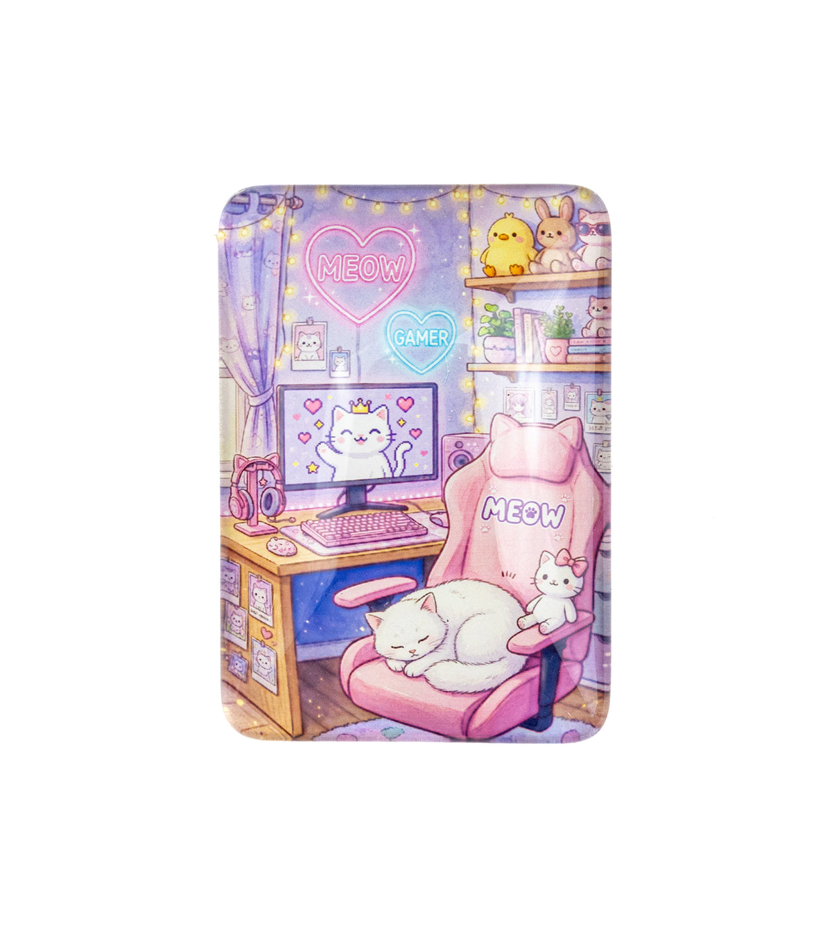 A rectangular  glass magnet with rounded corners, decorated with a cute anime-style illustration of a cozy gaming room. The scene features a pink gaming chair with a sleeping white cat, a desk setup with a computer monitor, shelves with plush toys.
