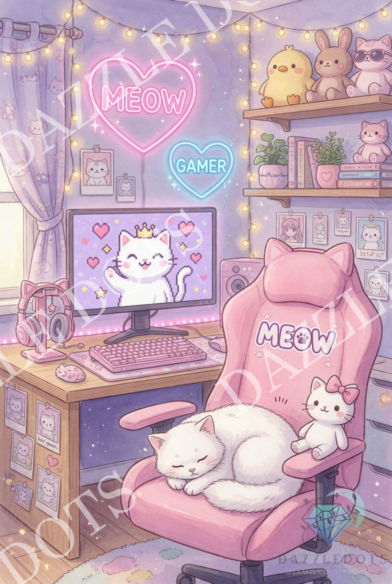 A cozy anime-style digital illustration of a pink gaming room with a sleeping white cat on a pink gaming chair, a small kitten on the armrest, a computer desk with a cat-themed monitor, shelves with plush toys, and glowing neon signs reading 'MEOW' and 'GAMER'.