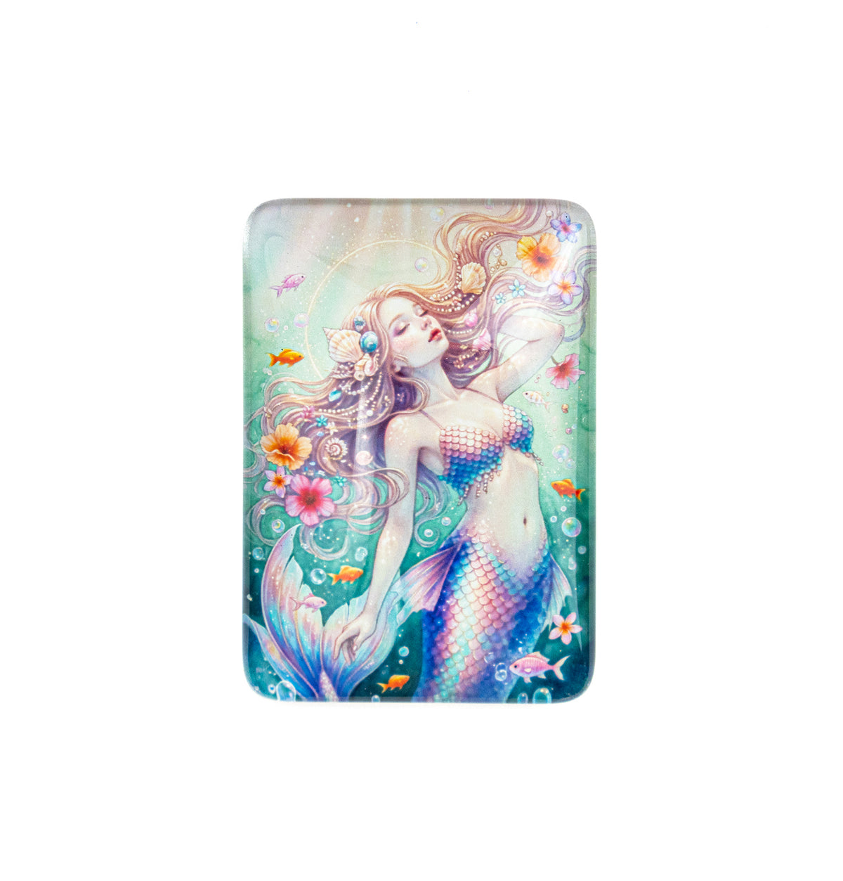 A rectangular glass case with rounded corners, featuring a colorful mermaid illustration on a light teal background. The mermaid has long blonde hair, a blue and pink scaled tail, and is surrounded by small orange fish and pink flowers.